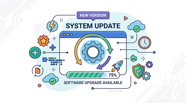 A system update notification displays a software upgrade available on a computer screen with various icons.