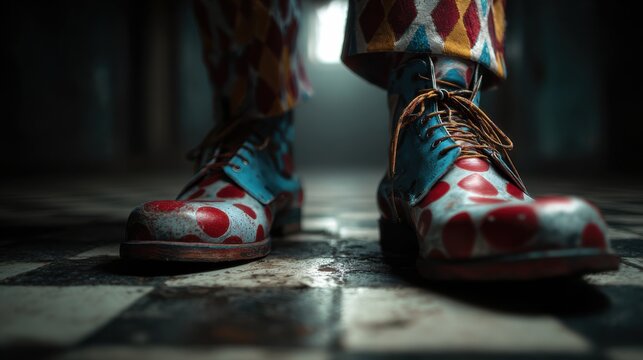 Clown shoes on black and white tiled floor in a dimly lit space with scattered light