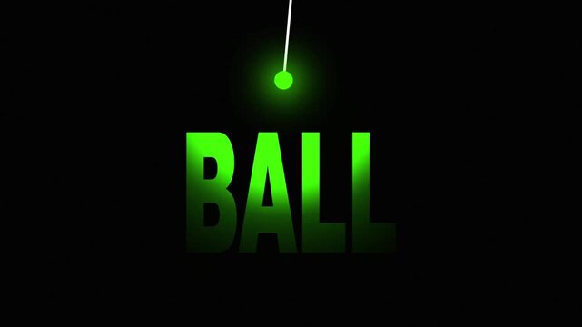Green glowing ball pendulum animation with text background on dark, neon light effect typography