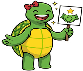 Obraz premium Cute Female Sea Turtle with Red Bow Holding Influencer Collaboration Sign. Cartoon Business Vector.