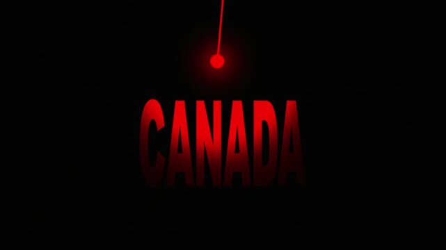 Red glowing Canada word with maple leaf symbol dark background corporate branding Canada red Canada text