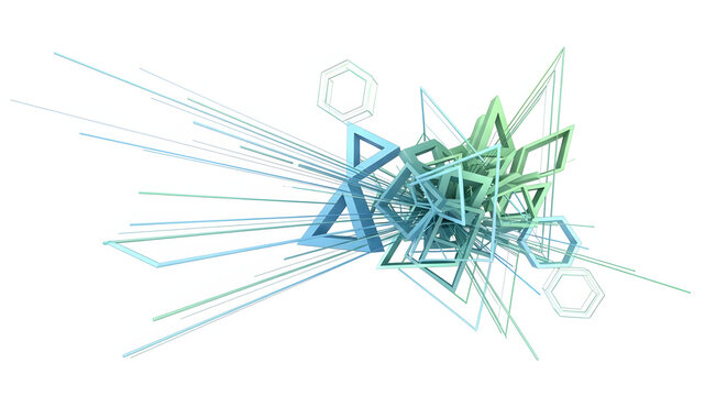 Abstract 3D geometric composition with exploding triangles, hexagons and sharp lines in cyan and mint green