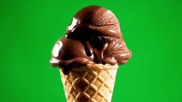 Chocolate ice cream on waffle cone.