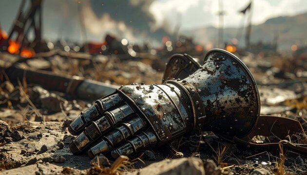 Worn Steel Gauntlet and Vambrace Lie on Battlefield