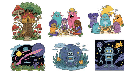 Fototapeta premium Whimsical cartoon set: fairy‑tale treehouse, monster picnic parties, cosmic scenes & cute robots