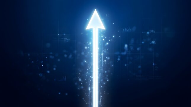 Glowing white arrow pointing upwards on a dark blue background with futuristic digital elements