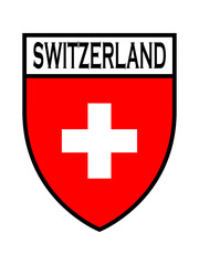 Fototapeta premium Shield-shaped emblem featuring the national flag of Switzerland with the country name 'SWITZERLAND' in a top white banner.