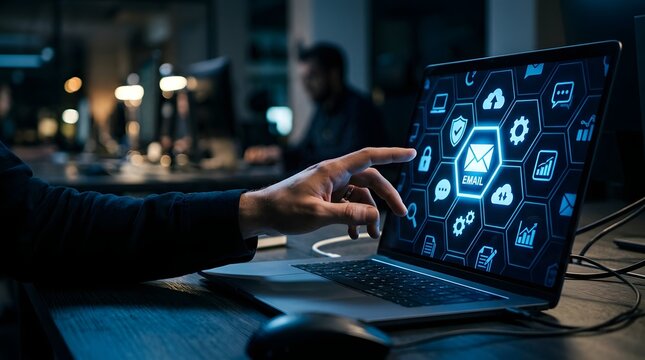 Digital marketing concept with email focus person interacting with laptop displaying analytics