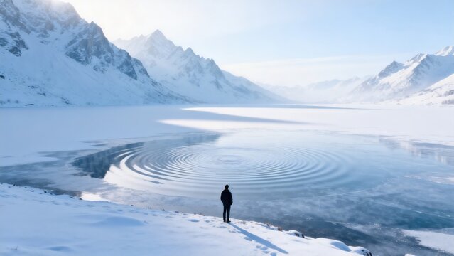 Person standing by frozen lake in snowy mountains