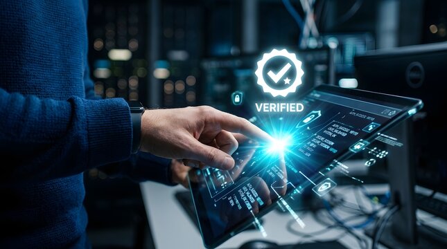 Cybersecurity verification concept man interacting with tablet displaying security checkmark and data streams