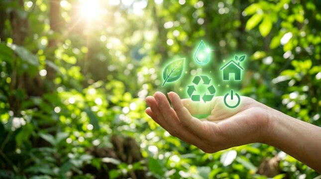 Sustainable future concept hand holding glowing environmental icons in lush green forest