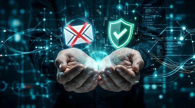 Cybersecurity concept with protected and spam email icons