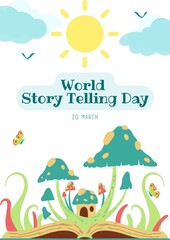 Naklejka premium World Storytelling Day Celebration Poster with Open Book, Magic Mushrooms, and Sun Illustration, Fantasy Story Concept Backdrop for Education, Library Event, and Kids Literacy Campaign