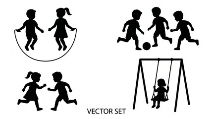 Fototapeta premium Kids playing outdoor activities silhouettes set - jumping rope soccer running