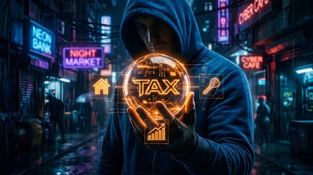 Cybersecurity concept hooded figure holding glowing orb with tax home and key icons