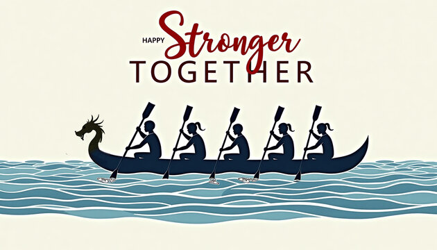Team of rowers paddling in a dragon boat with a motivational message, celebrating Dragon Boat Festival