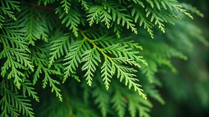 Fototapeta premium Close-up of a vibrant green thuja branch with detailed needle texture in a peaceful garden setting