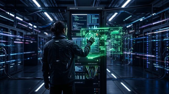 Female it professional interacting with holographic data display in modern server room environment