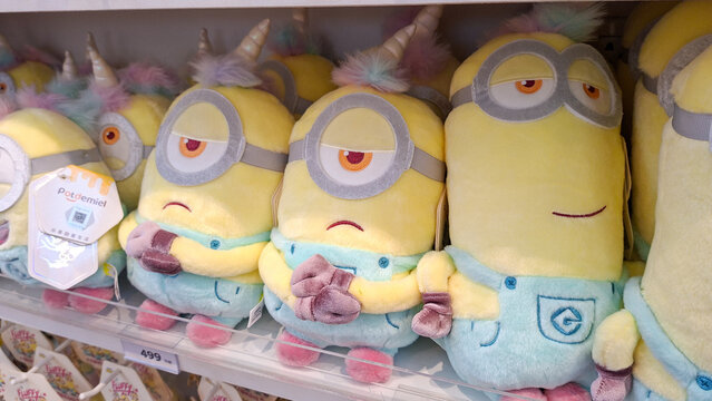 ​Row of cute Minions plush toys unicorn style displayed on retail shelf on May 8, 2026 in Bangkok, Thailand.