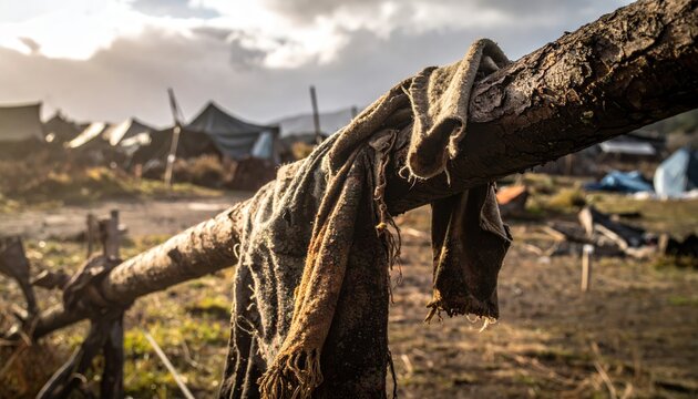 Tattered Wool Cloak Draped Over a Fallen Log Outdoors