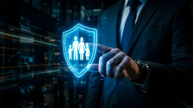 Businessman interacting with a family protection shield on a digital interface