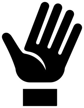 Solid black filled icon of a reaching arm volunteering to help extend or support with a simple white background