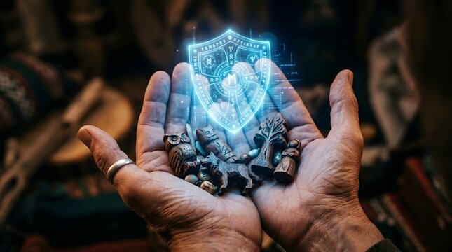 Mystical hands holding carved stone figures with holographic shield overlay fantasy concept art