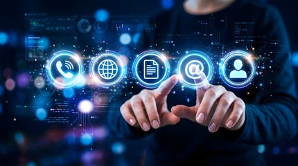 Fototapeta premium Business technology and communication icons floating above woman's fingers