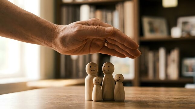 Protective hand covering wooden family figurines symbolizing security and care concepts