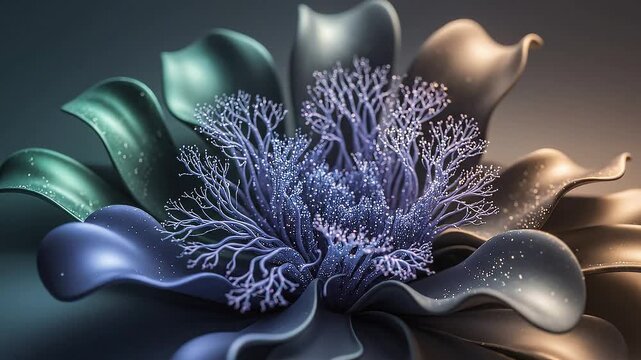 Abstract Coral Flower With Flowing Metallic Petals in Dark Artistic Background