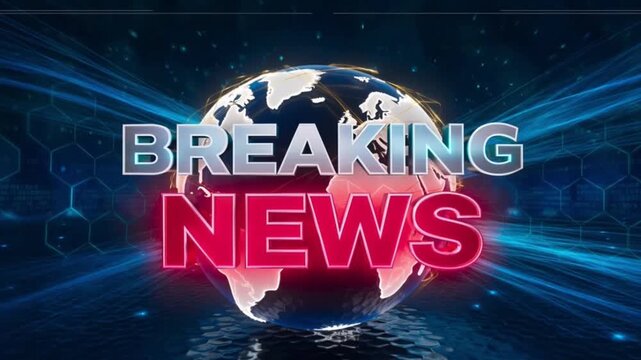 Futuristic breaking news animation with glowing blue light trails and 3D earth globe