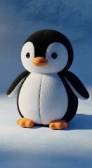 Fototapeta premium Cute Fluffy Penguin Toy on Ice in Blue Background
