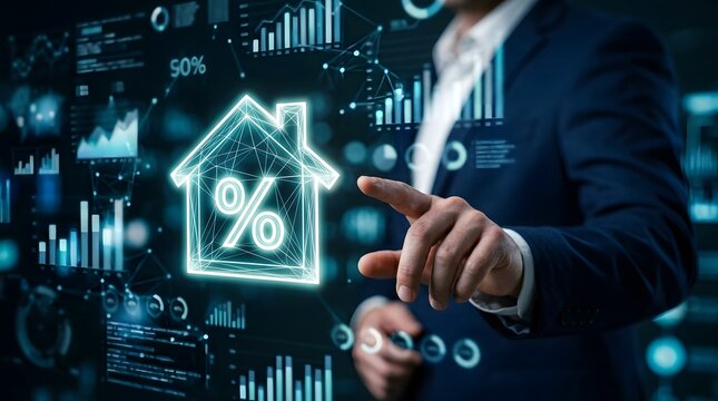 Real estate investment analysis concept with digital house icon and percentage sign