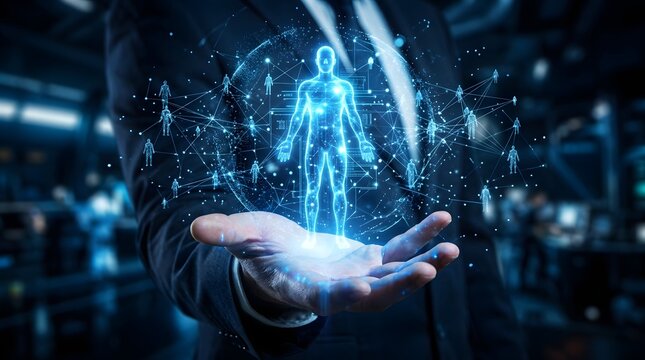 Businessman presenting a futuristic glowing human network connection