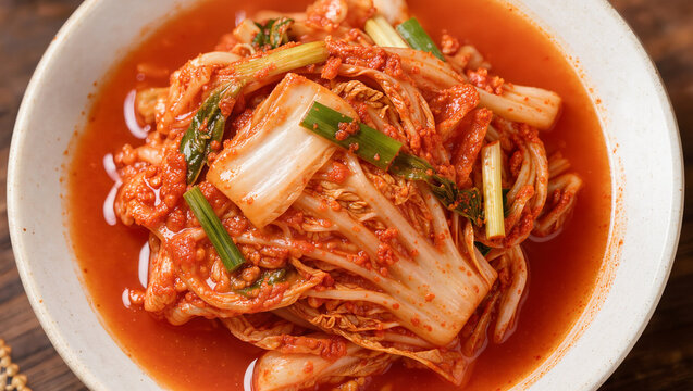 Traditional Korean kimchi in white ceramic bowl with napa cabbage and green onion, Authentic spicy kimchi banchan fermented vegetable dish close-up top view