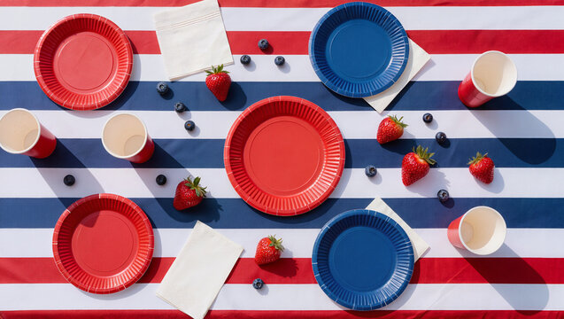 Red white blue patriotic Fourth of July table with paper plates cups strawberries blueberries, July 4th BBQ party table overhead striped tablecloth red blue plates berries flat lay