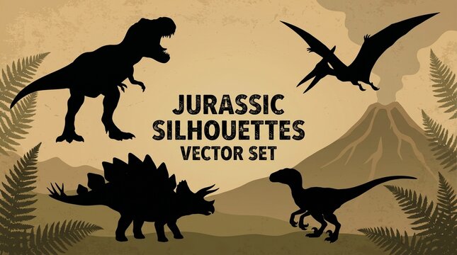 Jurassic dinosaur silhouettes vector set with t-rex pterodactyl stegosaurus