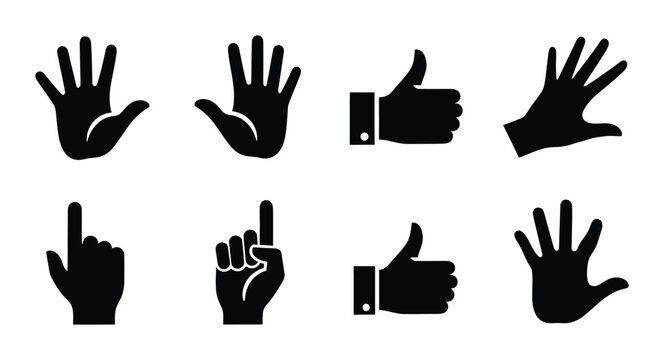 8 Human Hand silhouette icons showing thumbs up, pointing finger, open palm, flat black style for communication