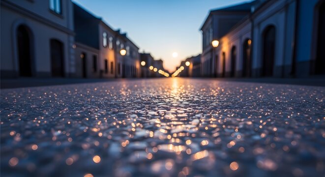 Low angle view of empty city street at sunset with shimmering asphalt texture and bokeh street lights creating urban perspective in quiet town during golden hour glow.