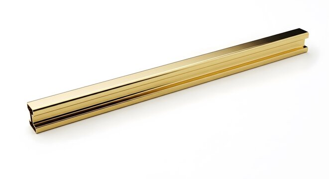 A long gold metal bar profile with a hollow square shape used for furniture and interior trim