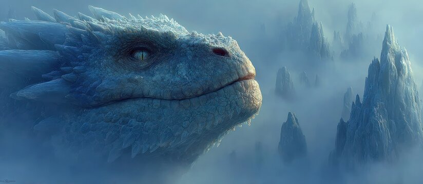 A serene dragon gazes at a misty mountainscape