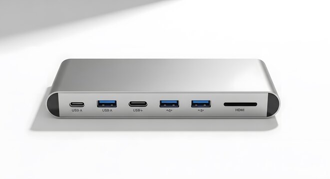 Modern silver usb c hub adapter with multiple ports for laptop computer and digital devices