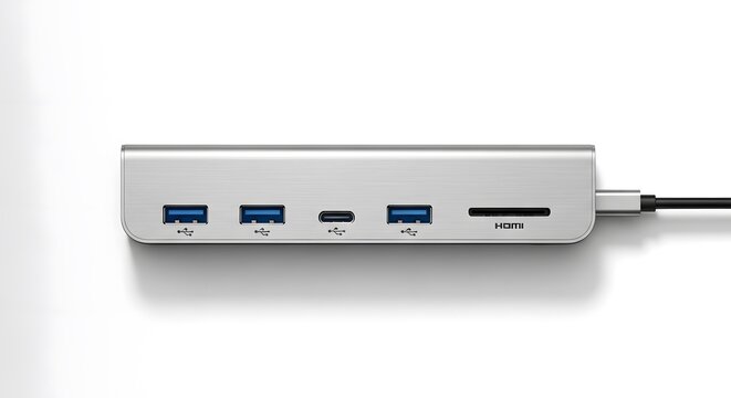Silver usb c hub adapter with multiple ports for laptop computer connection and data transfer