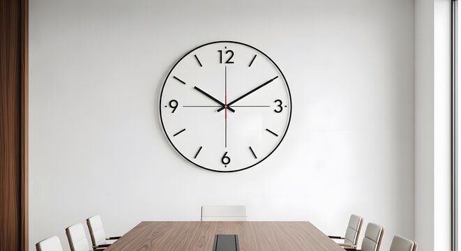 Minimalist round wall clock hanging on a plain light office wall for business time management