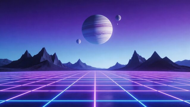 Futuristic alien landscape with neon grid and planets