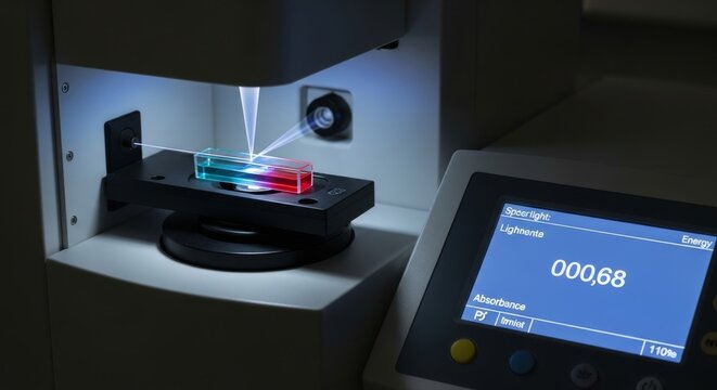 Spectrophotometer measures liquid sample in laboratory cuvette