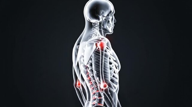 Human Skeleton Displaying Red Highlighted Joints on Dark Background