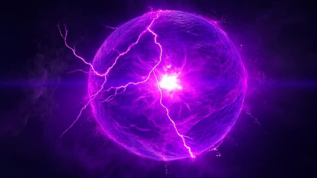 Cinematic portrayal of a colossal purple energy ball glowing with electric lightning in space