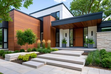 Fototapeta premium Modern luxury home exterior with minimalist landscaping design