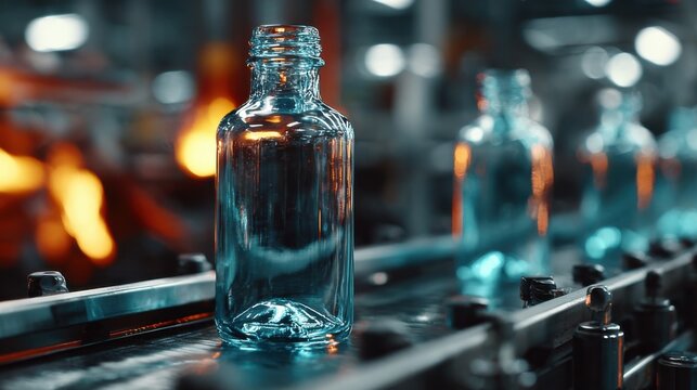 Bottles move along a conveyor belt in a glass factory during the production process in the early morning hours